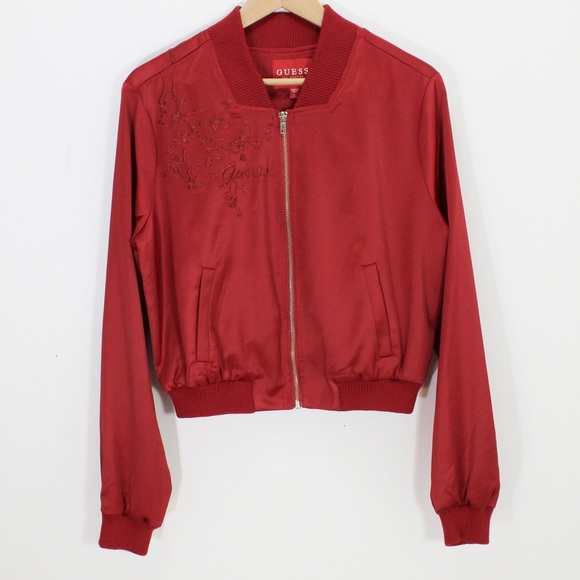 GUESS Cropped Bomber Cherry Blossoms Red Spring Fall Jacket Lightweight Large L - Picture 11 of 11